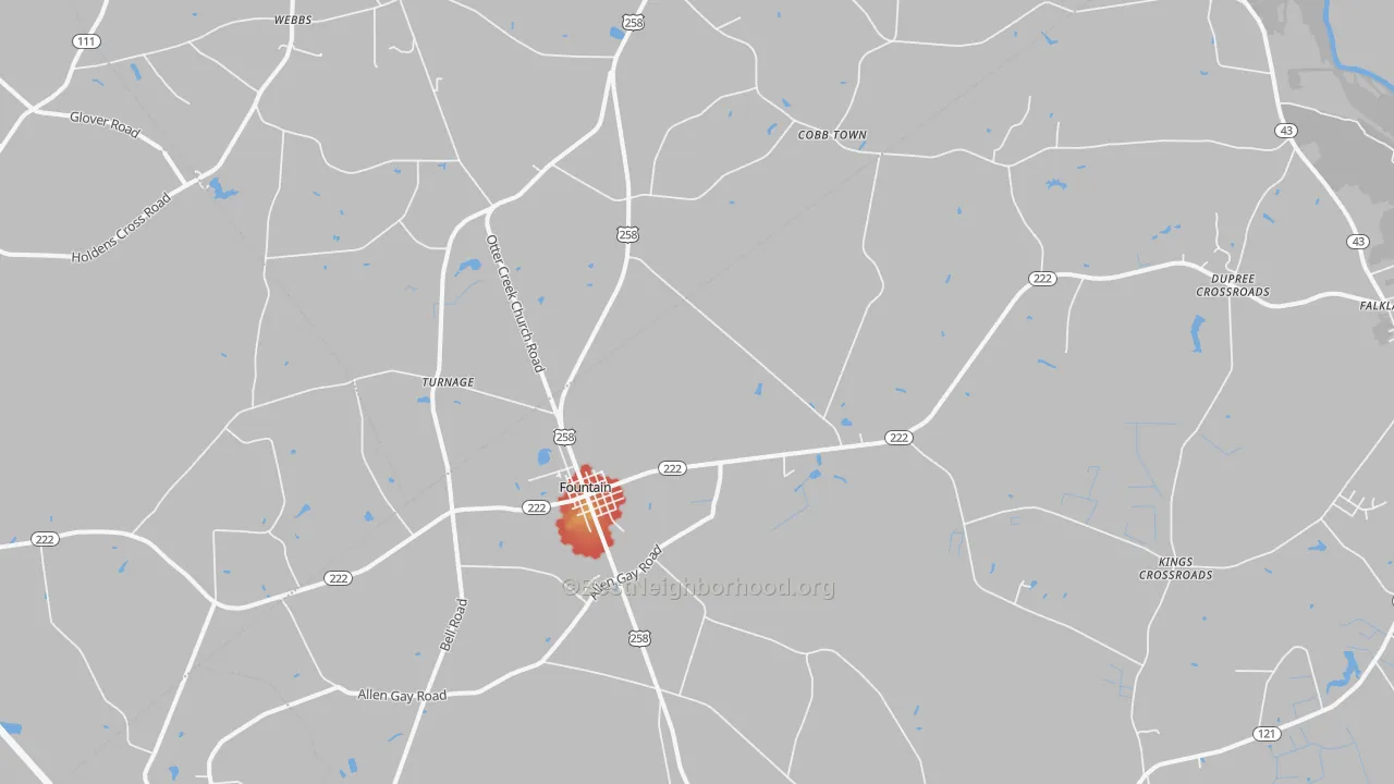 Walk Grade map of 27829, NC, walkable areas in green and car-dependent areas in red