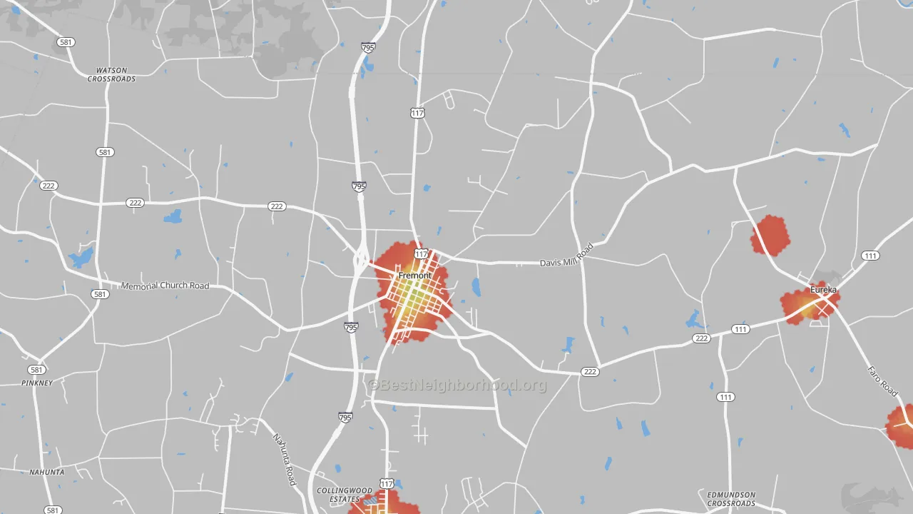 Walk Grade map of 27830, NC, walkable areas in green and car-dependent areas in red