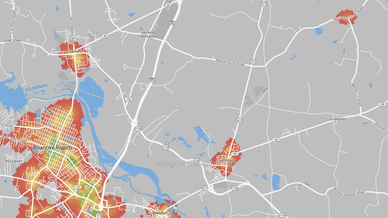 Walk Grade map of 27831, NC, walkable areas in green and car-dependent areas in red