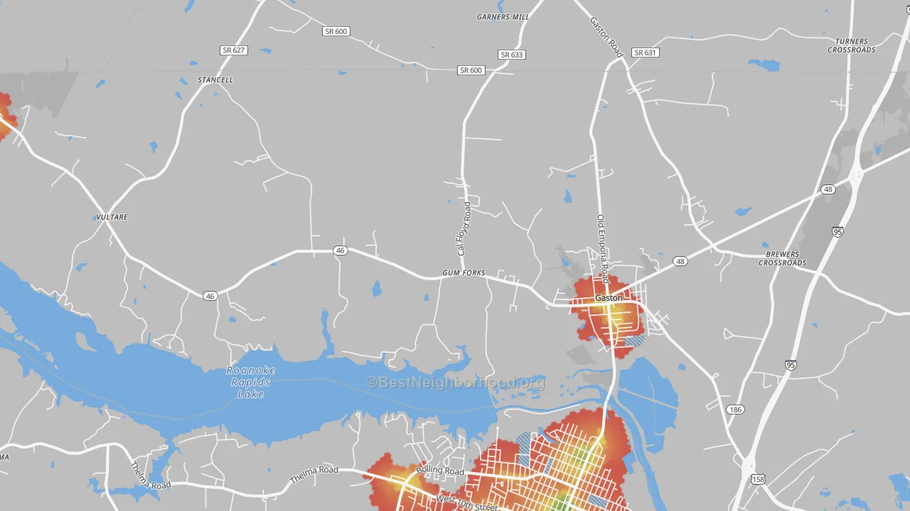 Walk Grade map of 27832, NC, walkable areas in green and car-dependent areas in red