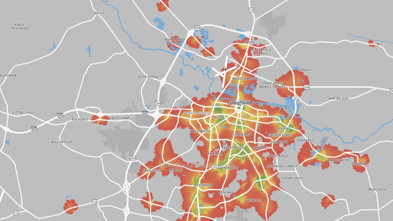 Walk Grade map of 27834, NC, walkable areas in green and car-dependent areas in red