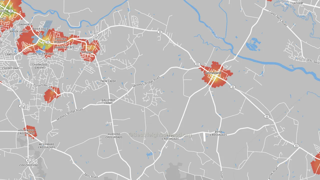Walk Grade map of 27837, NC, walkable areas in green and car-dependent areas in red