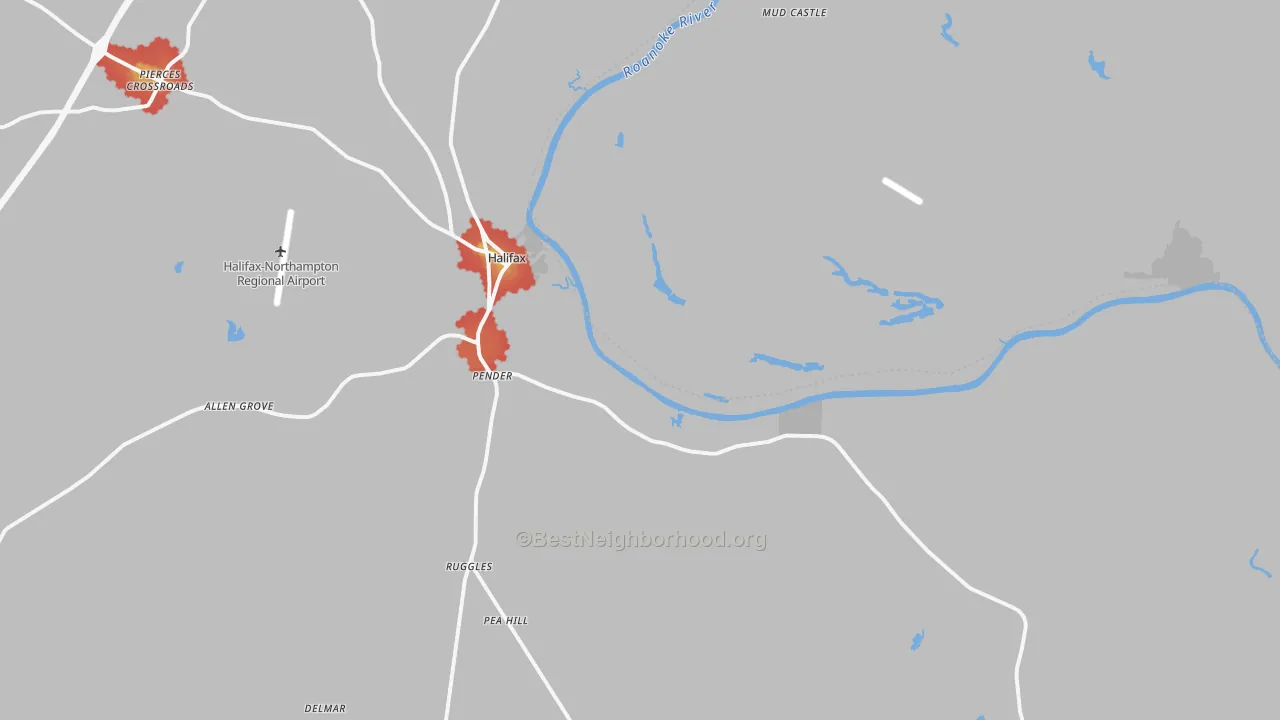 Walk Grade map of 27839, NC, walkable areas in green and car-dependent areas in red
