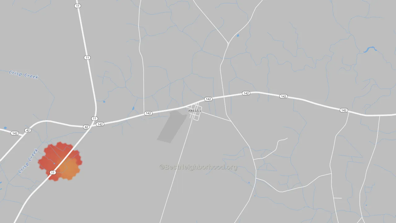 Walk Grade map of 27841, NC, walkable areas in green and car-dependent areas in red