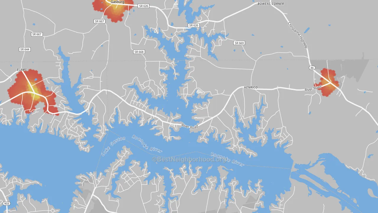 Walk Grade map of 27842, NC, walkable areas in green and car-dependent areas in red