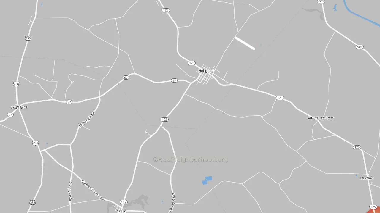 Walk Grade map of 27843, NC, walkable areas in green and car-dependent areas in red