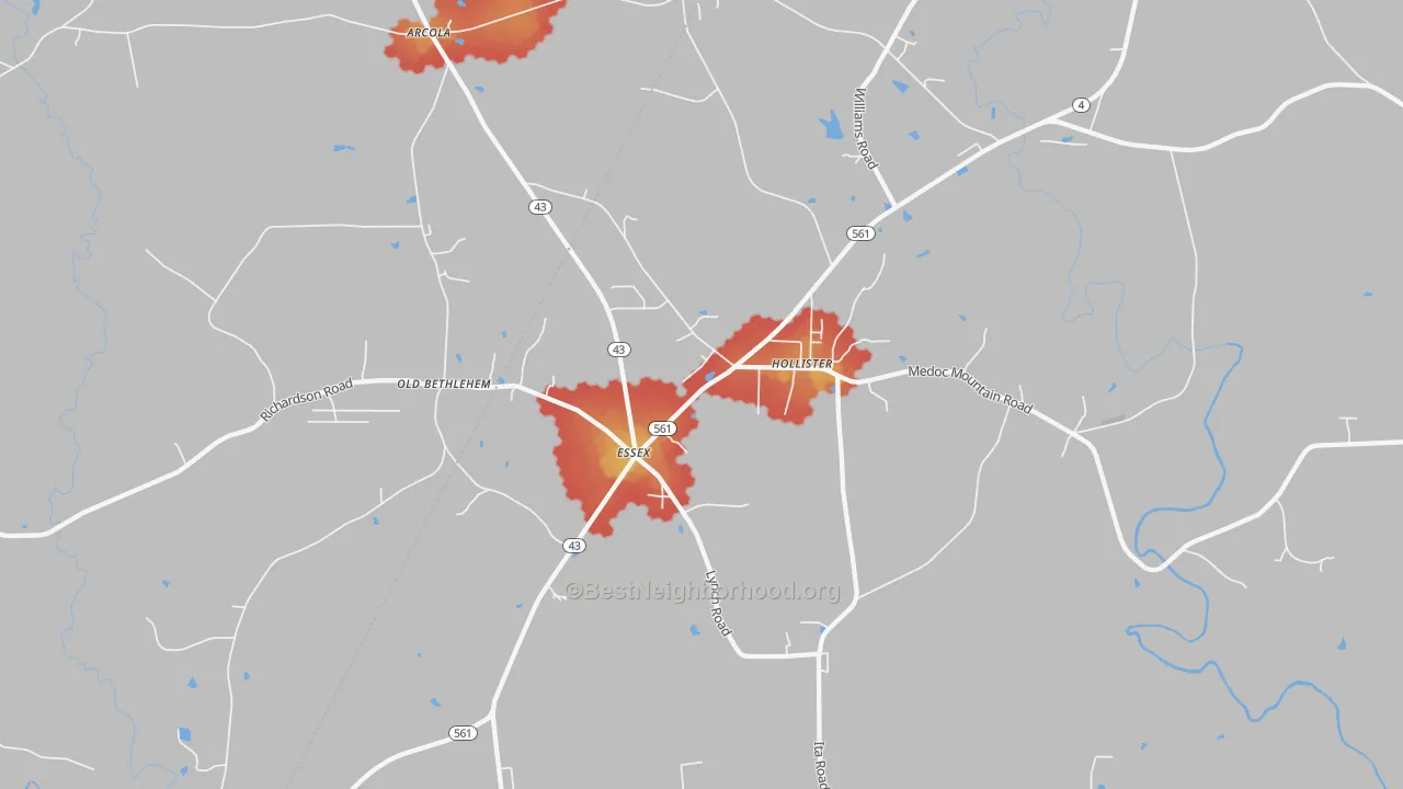 Walk Grade map of 27844, NC, walkable areas in green and car-dependent areas in red