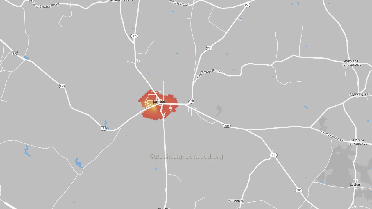 Walk Grade map of 27845, NC, walkable areas in green and car-dependent areas in red