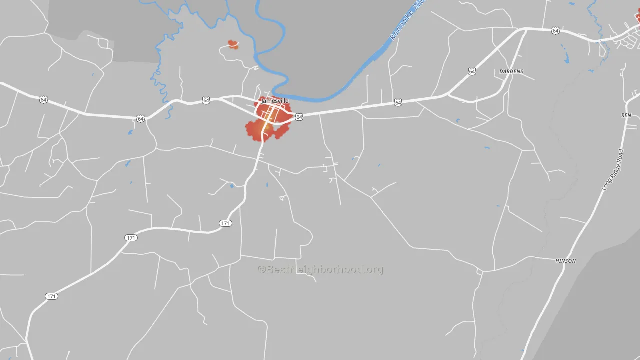 Walk Grade map of 27846, NC, walkable areas in green and car-dependent areas in red