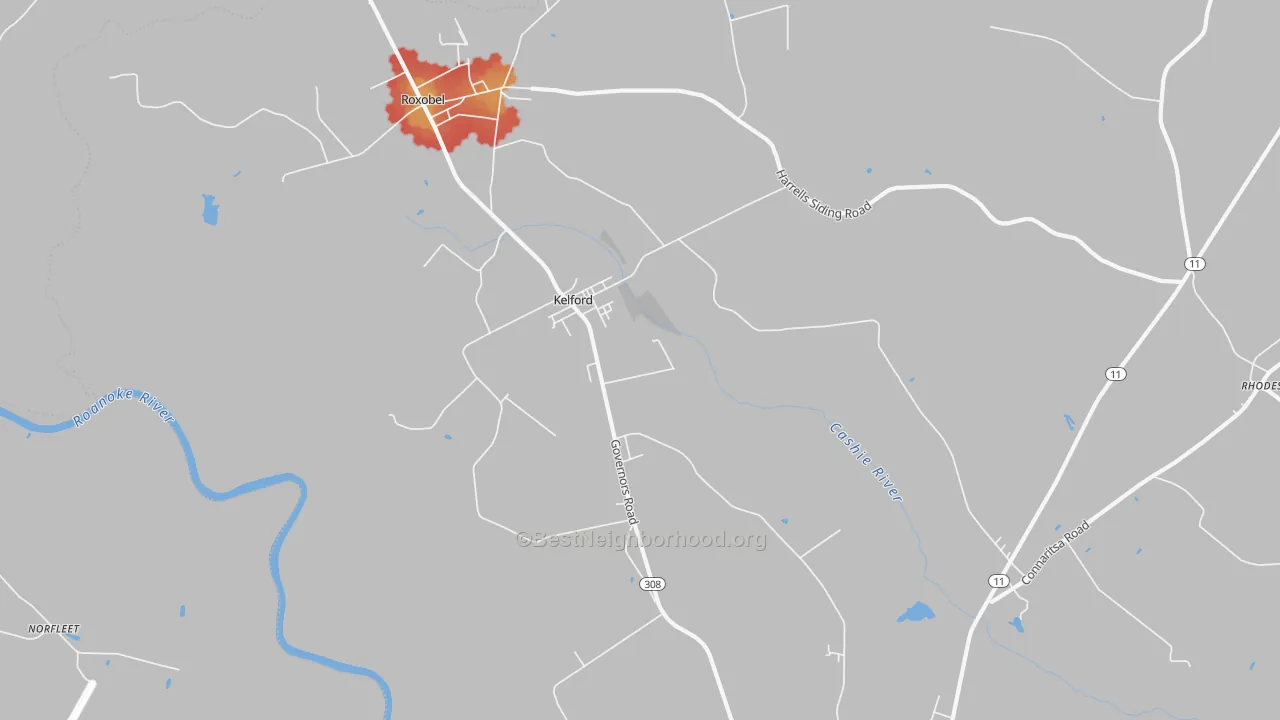 Walk Grade map of 27847, NC, walkable areas in green and car-dependent areas in red