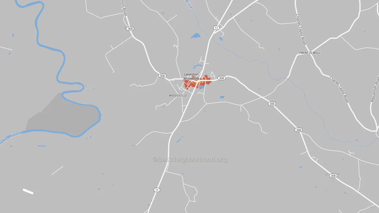 Walk Grade map of 27849, NC, walkable areas in green and car-dependent areas in red