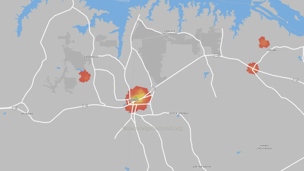 Walk Grade map of 27850, NC, walkable areas in green and car-dependent areas in red