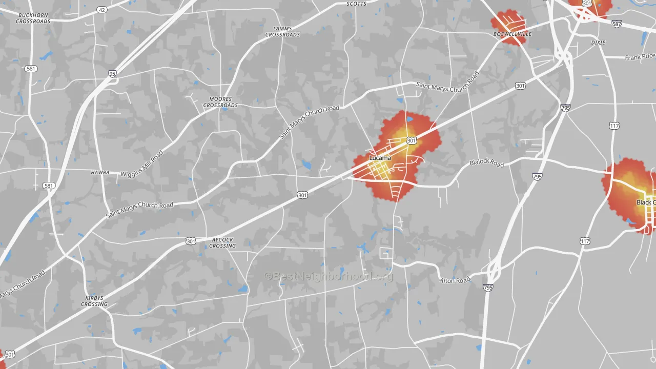 Walk Grade map of 27851, NC, walkable areas in green and car-dependent areas in red