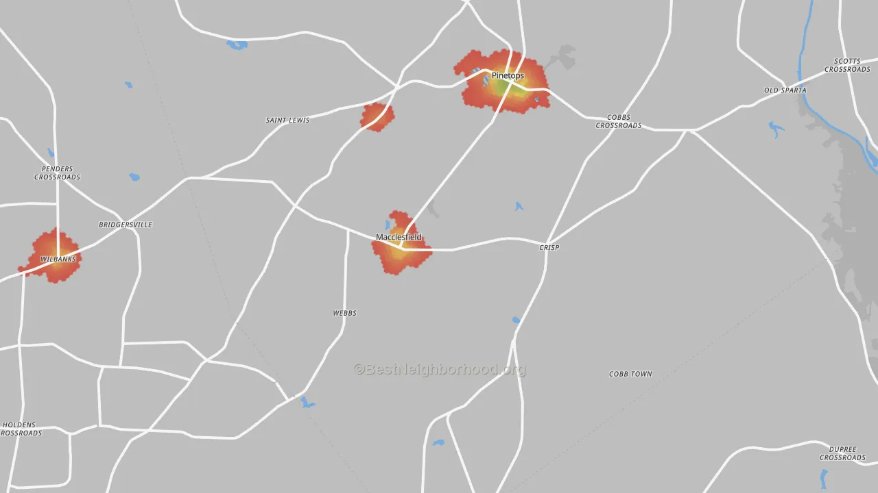 Walk Grade map of 27852, NC, walkable areas in green and car-dependent areas in red