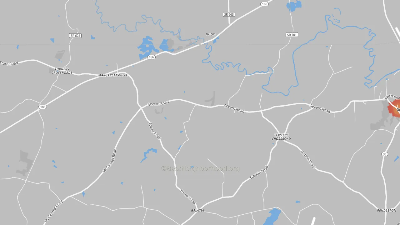 Walk Grade map of 27853, NC, walkable areas in green and car-dependent areas in red