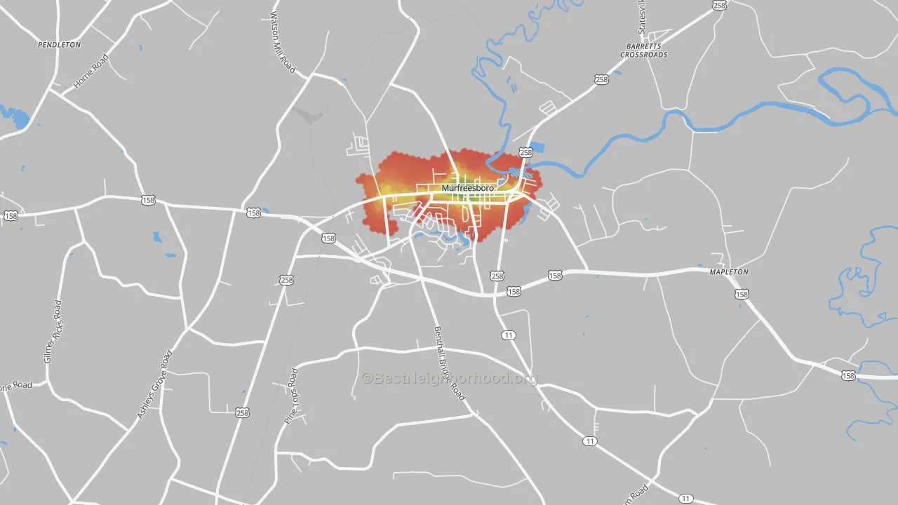 Walk Grade map of 27855, NC, walkable areas in green and car-dependent areas in red