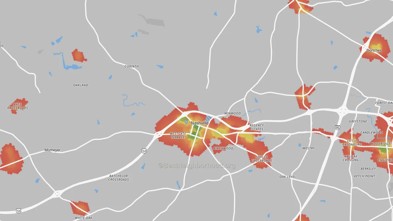 Walk Grade map of 27856, NC, walkable areas in green and car-dependent areas in red
