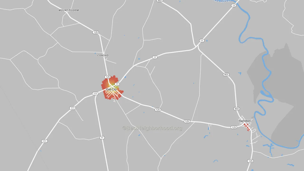 Walk Grade map of 27857, NC, walkable areas in green and car-dependent areas in red