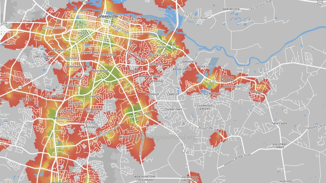 Walk Grade map of 27858, NC, walkable areas in green and car-dependent areas in red