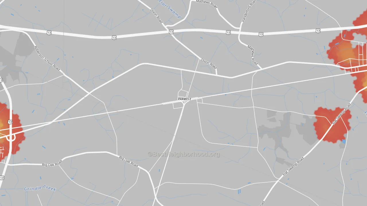 Walk Grade map of 27861, NC, walkable areas in green and car-dependent areas in red