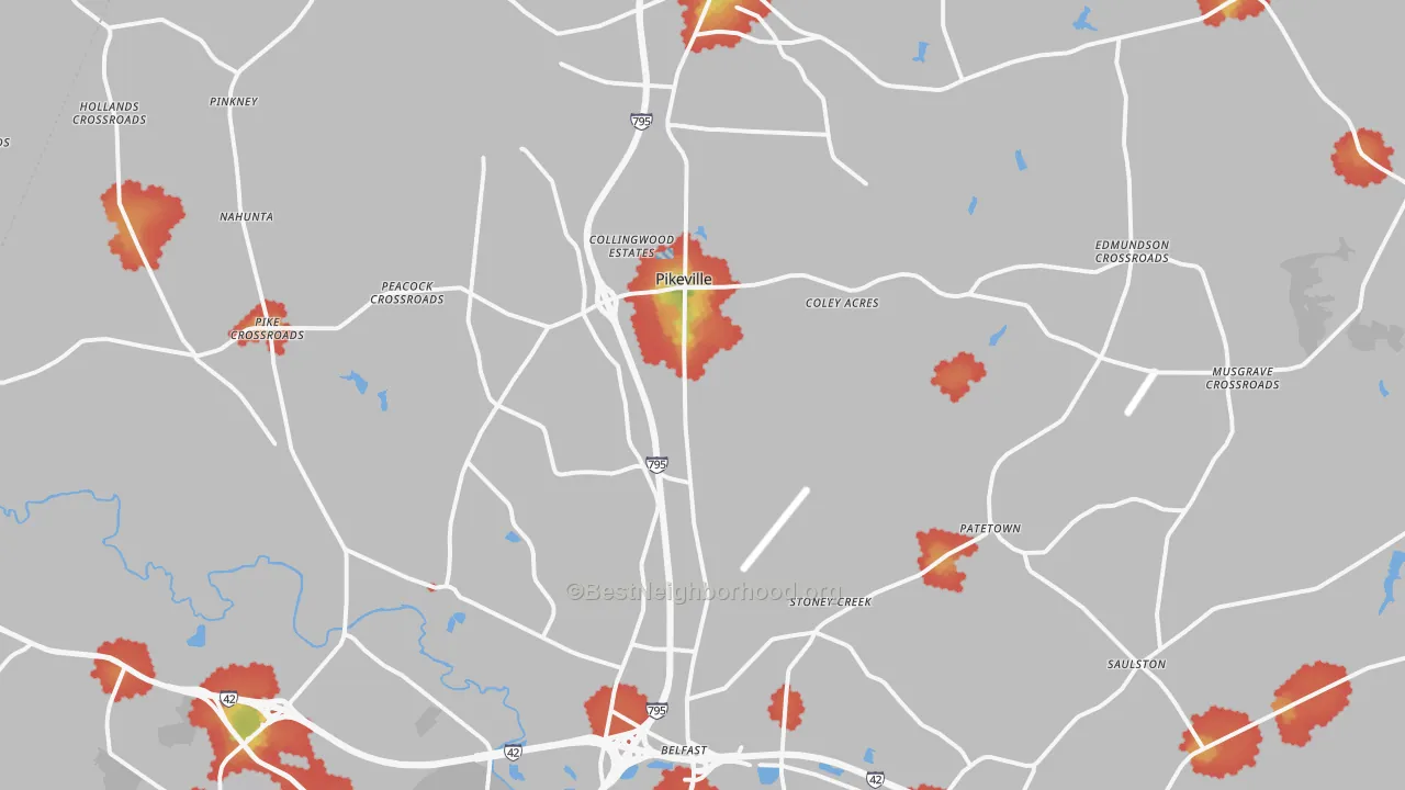 Walk Grade map of 27863, NC, walkable areas in green and car-dependent areas in red