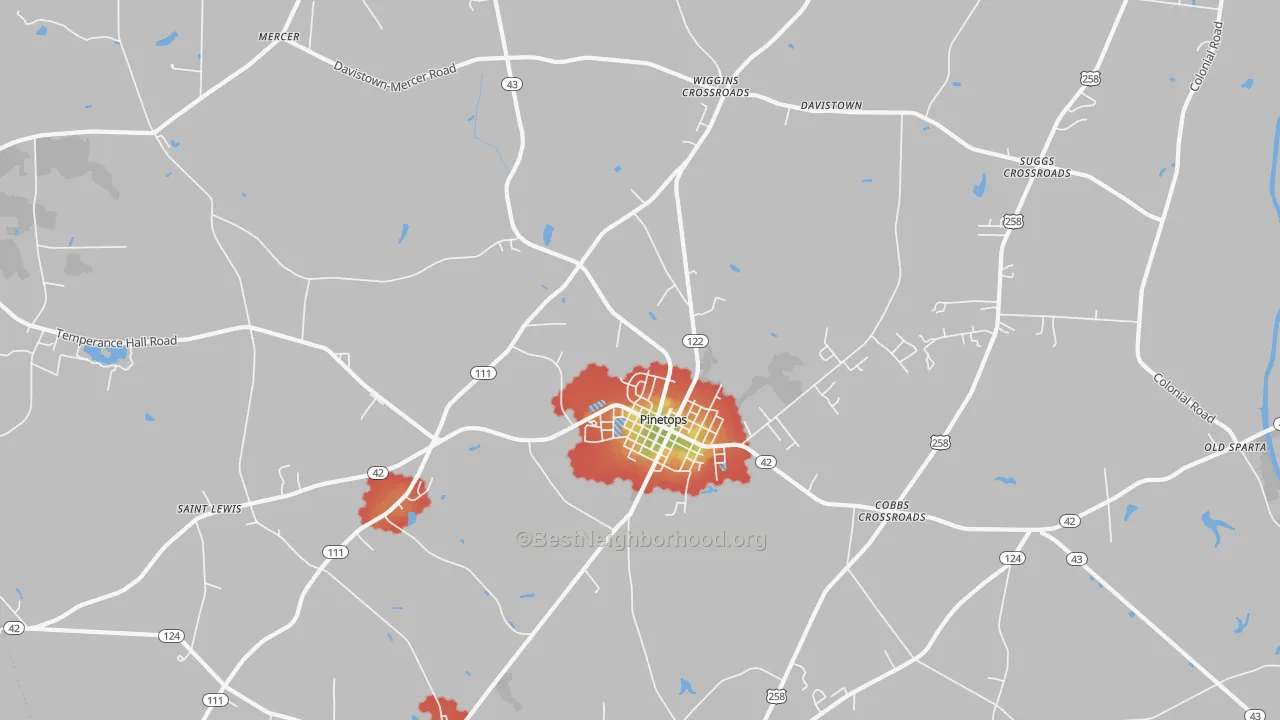 Walk Grade map of 27864, NC, walkable areas in green and car-dependent areas in red