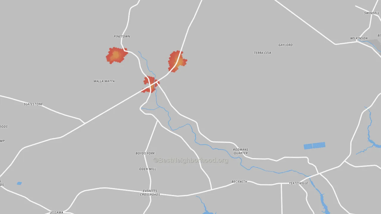 Walk Grade map of 27865, NC, walkable areas in green and car-dependent areas in red