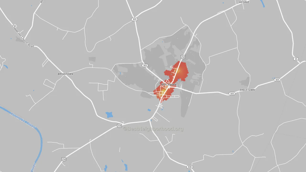 Walk Grade map of 27869, NC, walkable areas in green and car-dependent areas in red