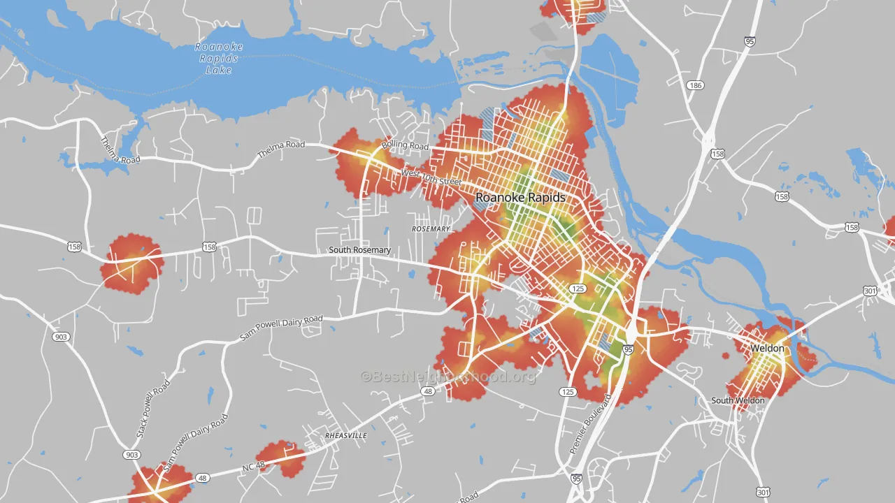 Walk Grade map of 27870, NC, walkable areas in green and car-dependent areas in red
