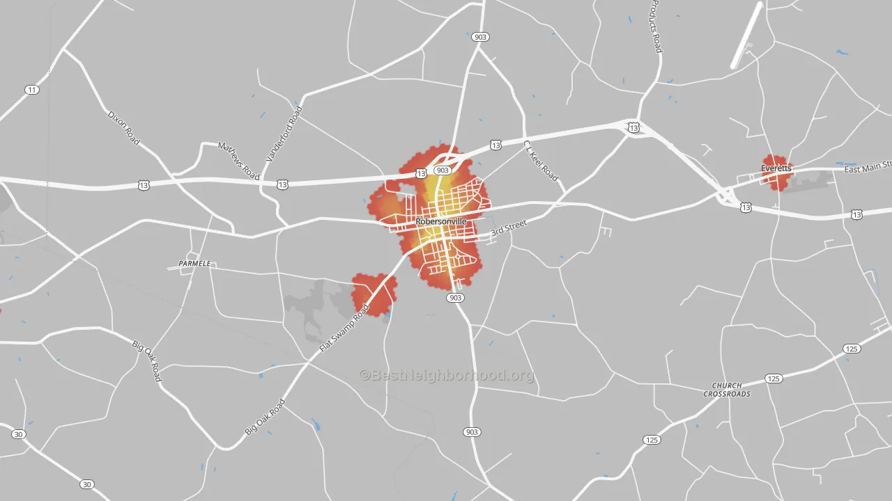 Walk Grade map of 27871, NC, walkable areas in green and car-dependent areas in red