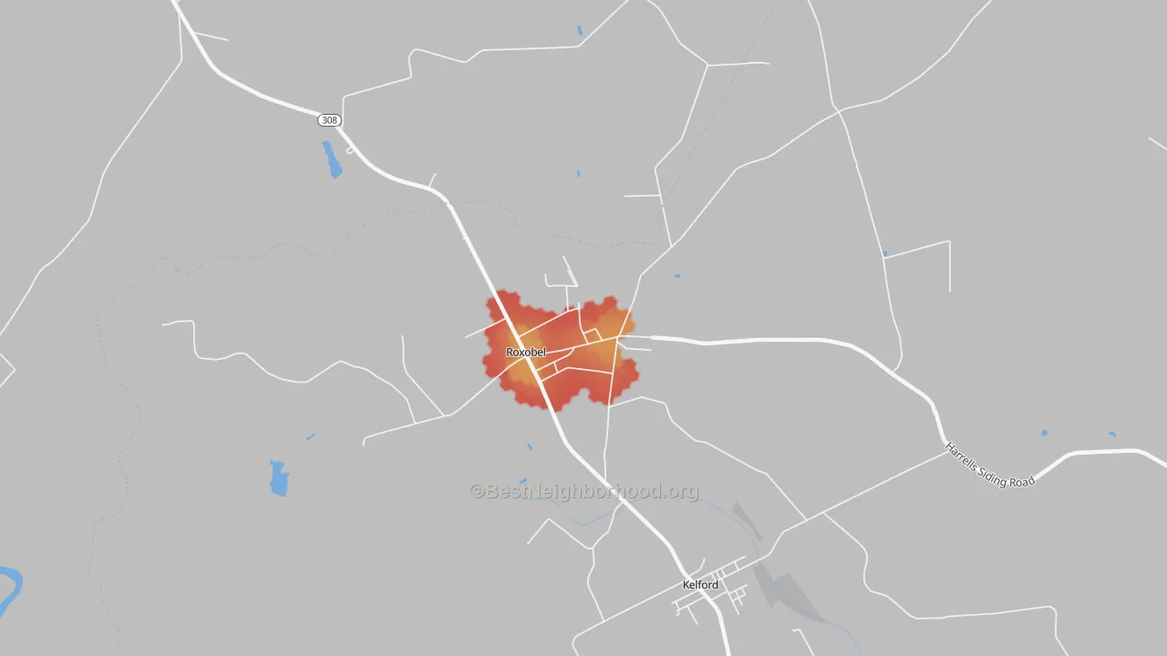Walk Grade map of 27872, NC, walkable areas in green and car-dependent areas in red