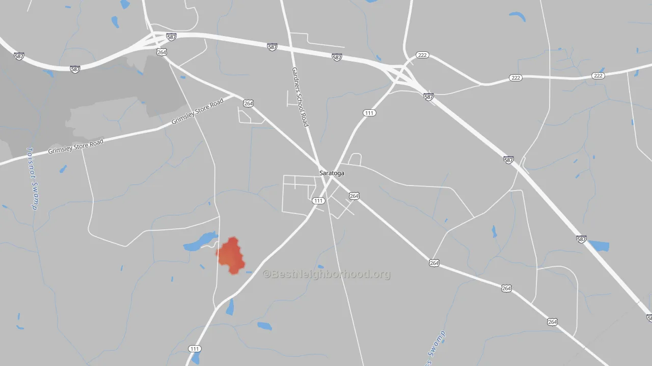 Walk Grade map of 27873, NC, walkable areas in green and car-dependent areas in red