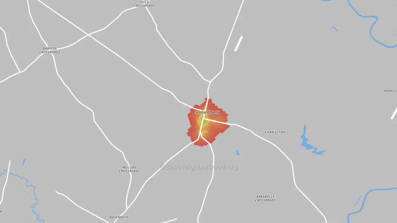 Walk Grade map of 27874, NC, walkable areas in green and car-dependent areas in red