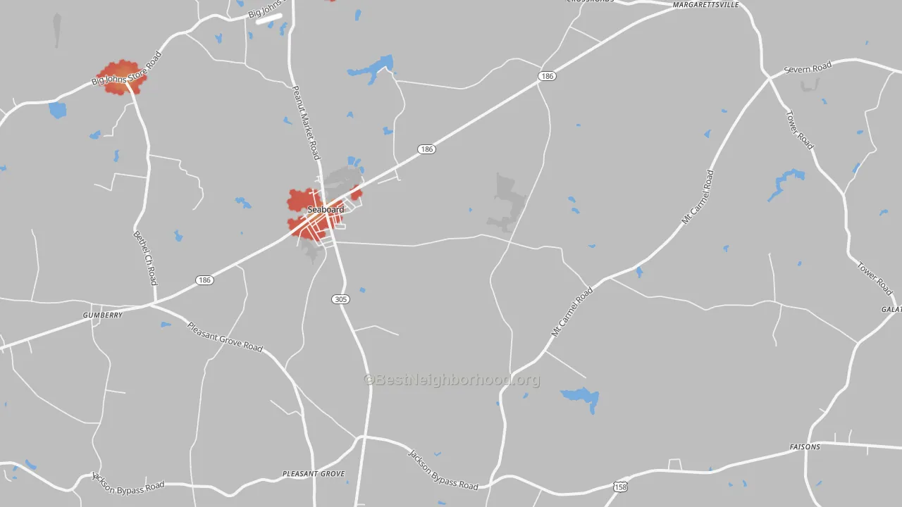 Walk Grade map of 27876, NC, walkable areas in green and car-dependent areas in red