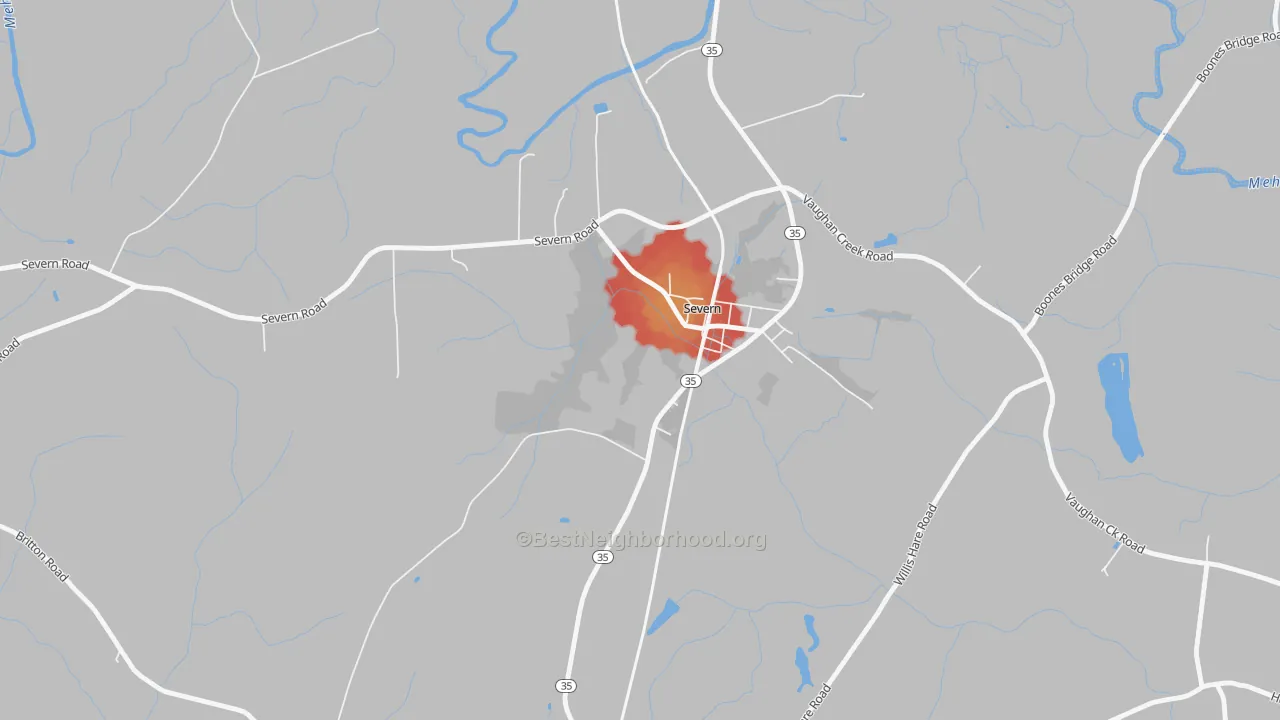 Walk Grade map of 27877, NC, walkable areas in green and car-dependent areas in red