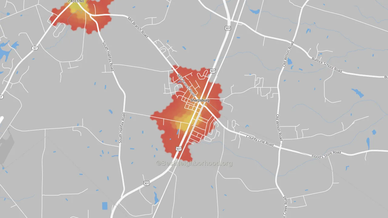 Walk Grade map of 27878, NC, walkable areas in green and car-dependent areas in red