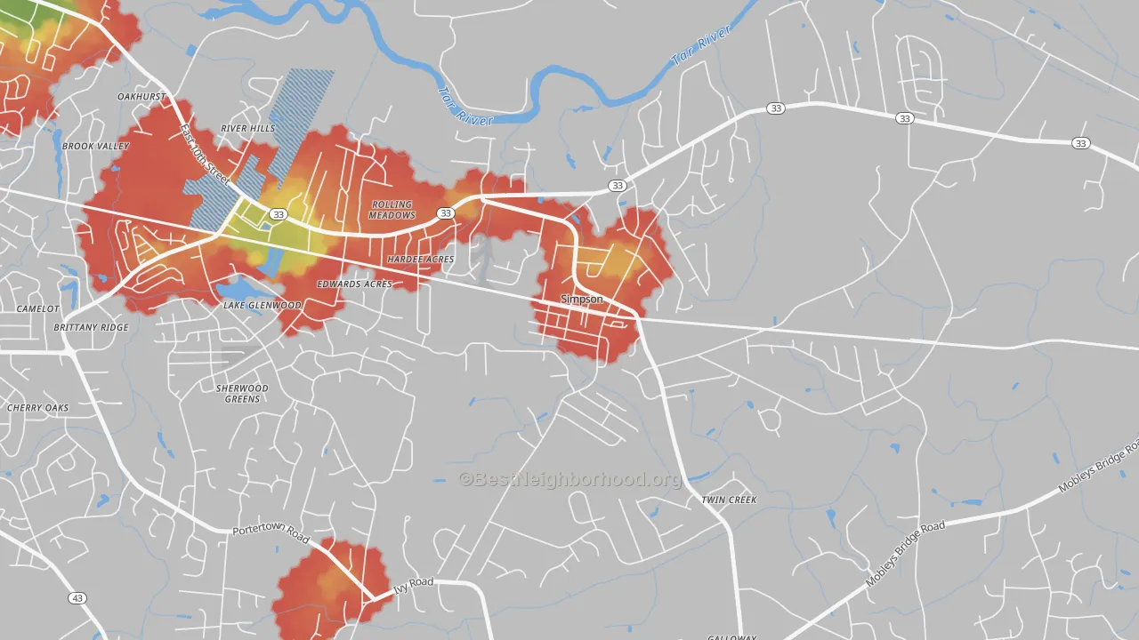 Walk Grade map of 27879, NC, walkable areas in green and car-dependent areas in red