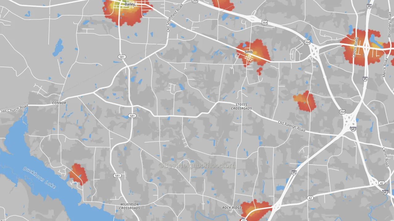 Walk Grade map of 27880, NC, walkable areas in green and car-dependent areas in red