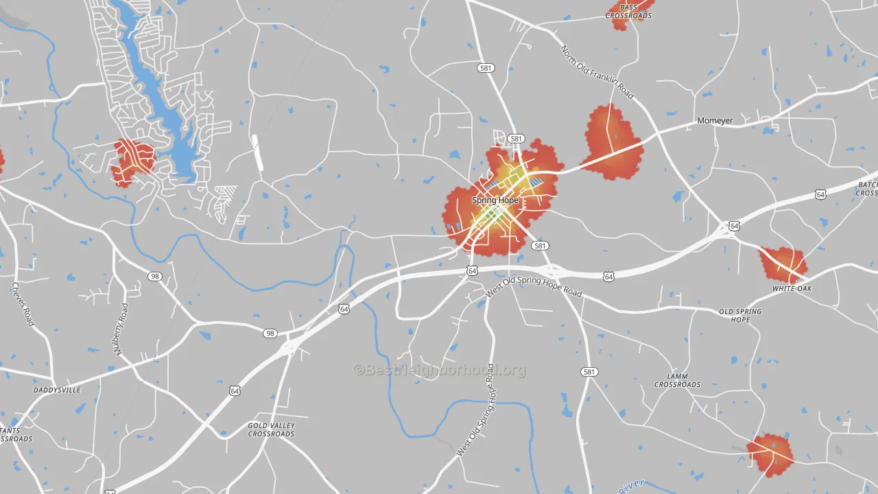 Walk Grade map of 27882, NC, walkable areas in green and car-dependent areas in red