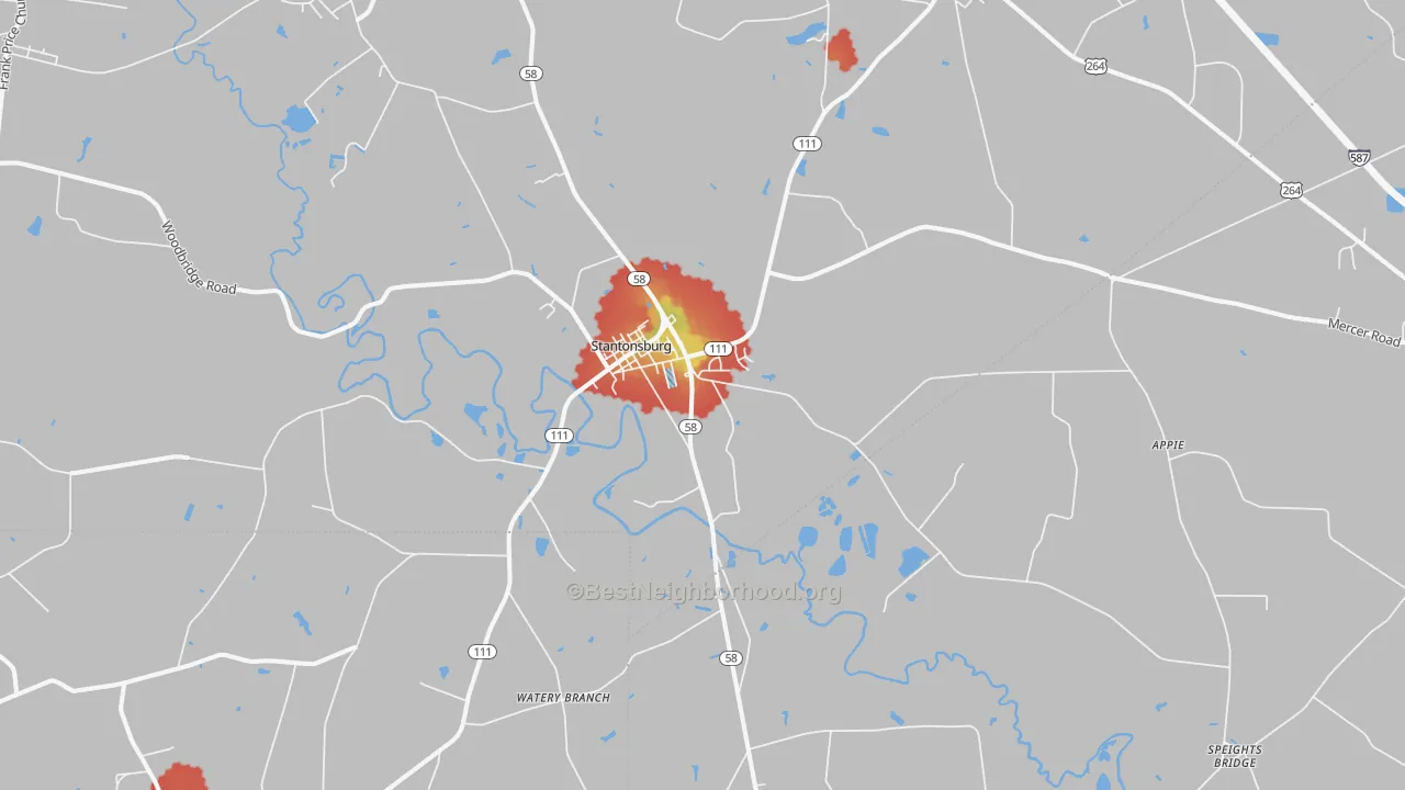 Walk Grade map of 27883, NC, walkable areas in green and car-dependent areas in red