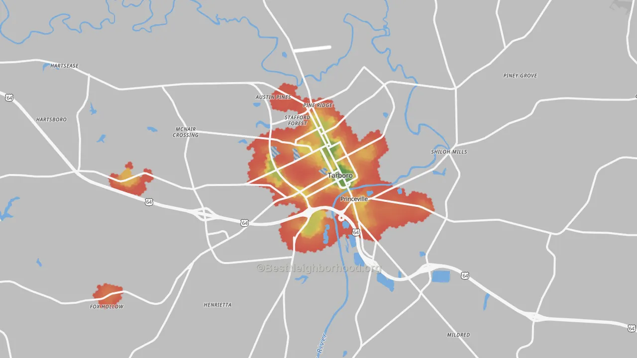 Walk Grade map of 27886, NC, walkable areas in green and car-dependent areas in red