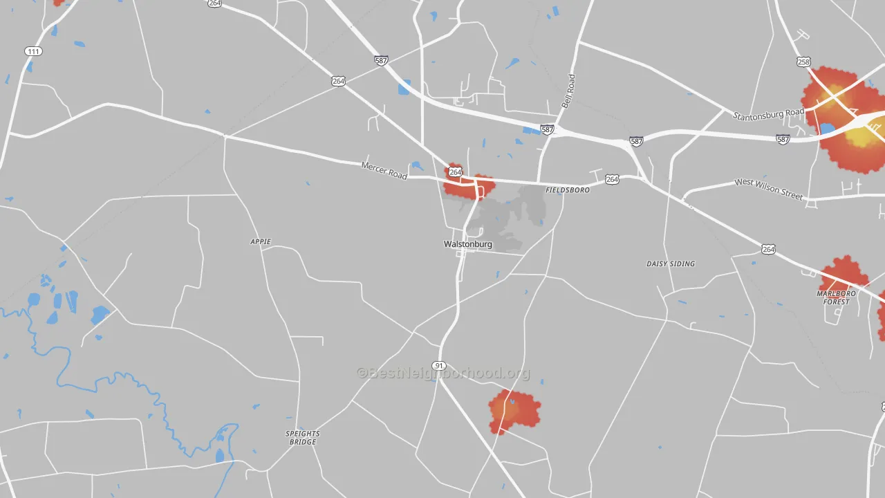 Walk Grade map of 27888, NC, walkable areas in green and car-dependent areas in red