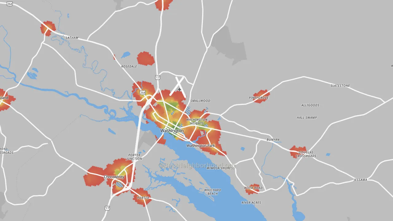 Walk Grade map of 27889, NC, walkable areas in green and car-dependent areas in red