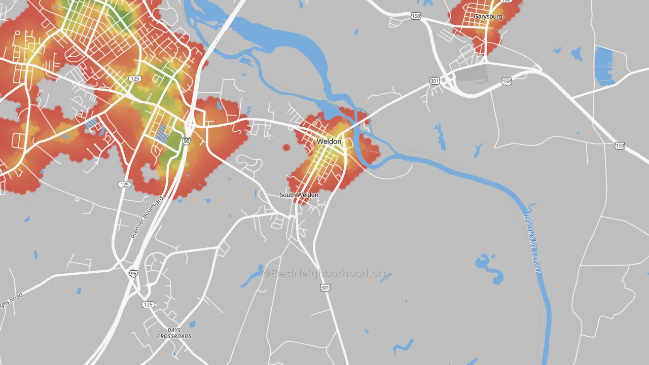 Walk Grade map of 27890, NC, walkable areas in green and car-dependent areas in red
