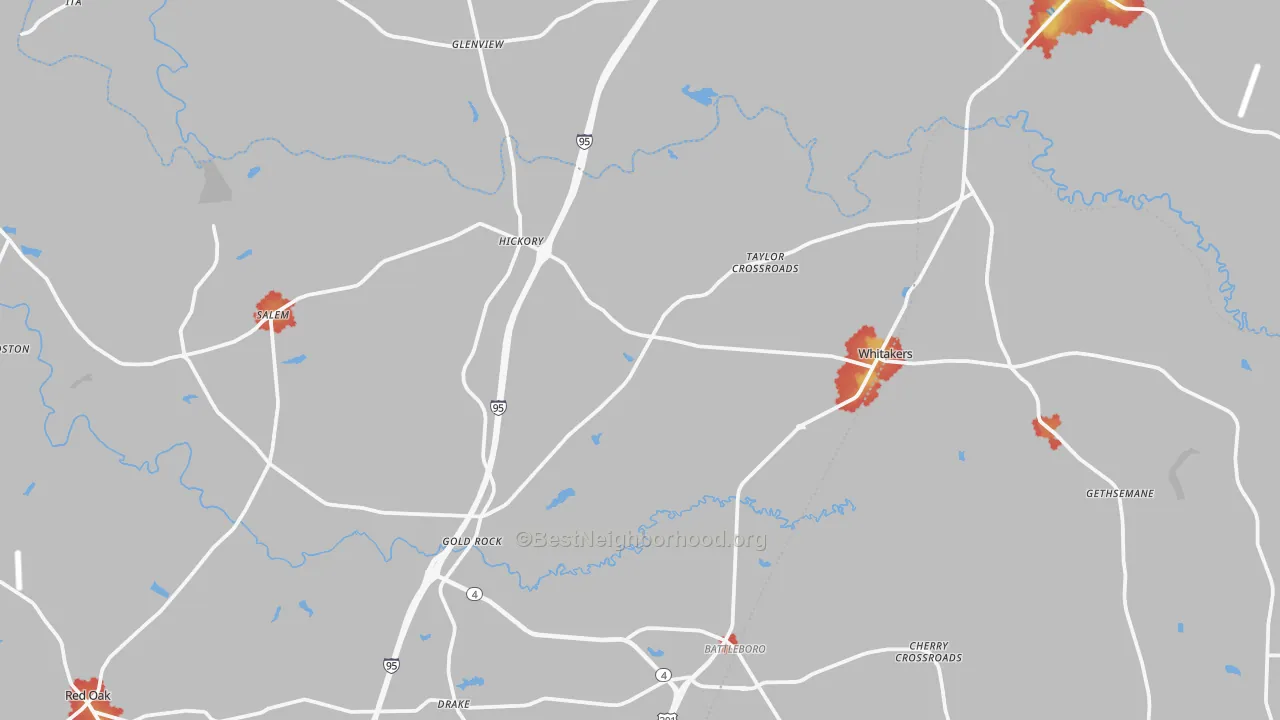 Walk Grade map of 27891, NC, walkable areas in green and car-dependent areas in red