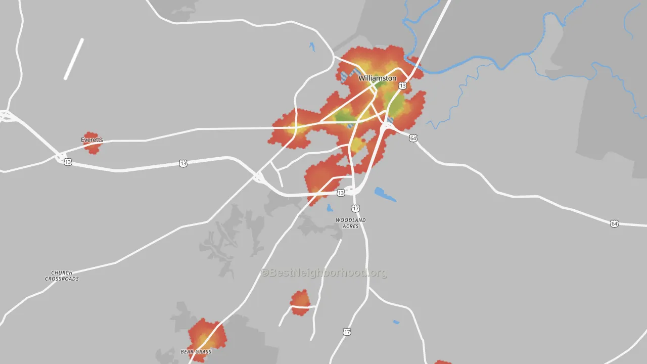 Walk Grade map of 27892, NC, walkable areas in green and car-dependent areas in red