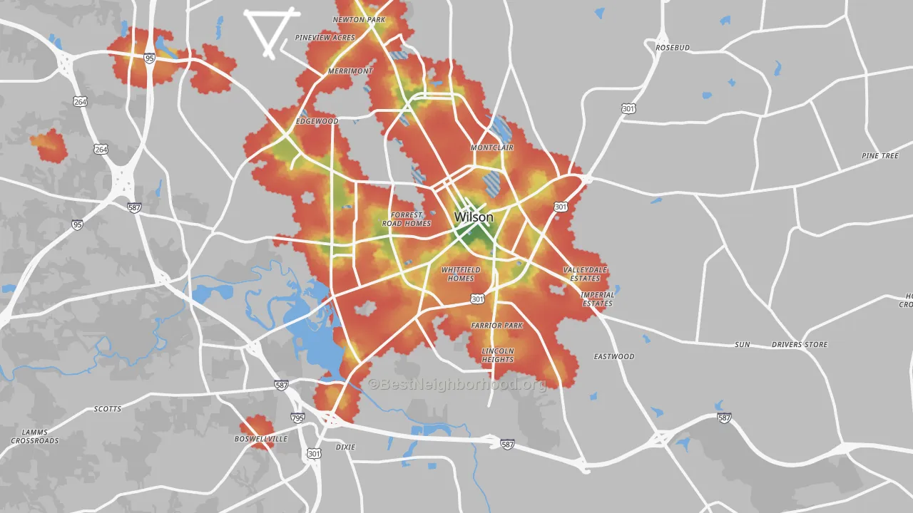 Walk Grade map of 27893, NC, walkable areas in green and car-dependent areas in red