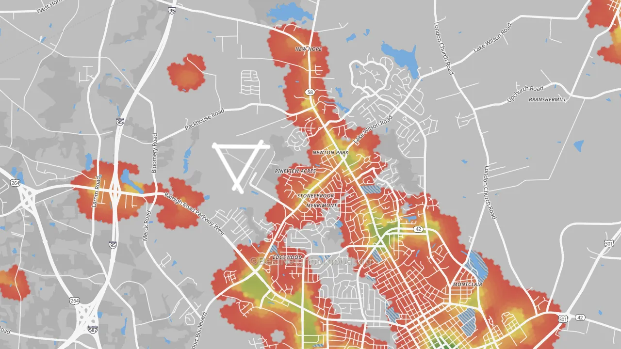 Walk Grade map of 27896, NC, walkable areas in green and car-dependent areas in red