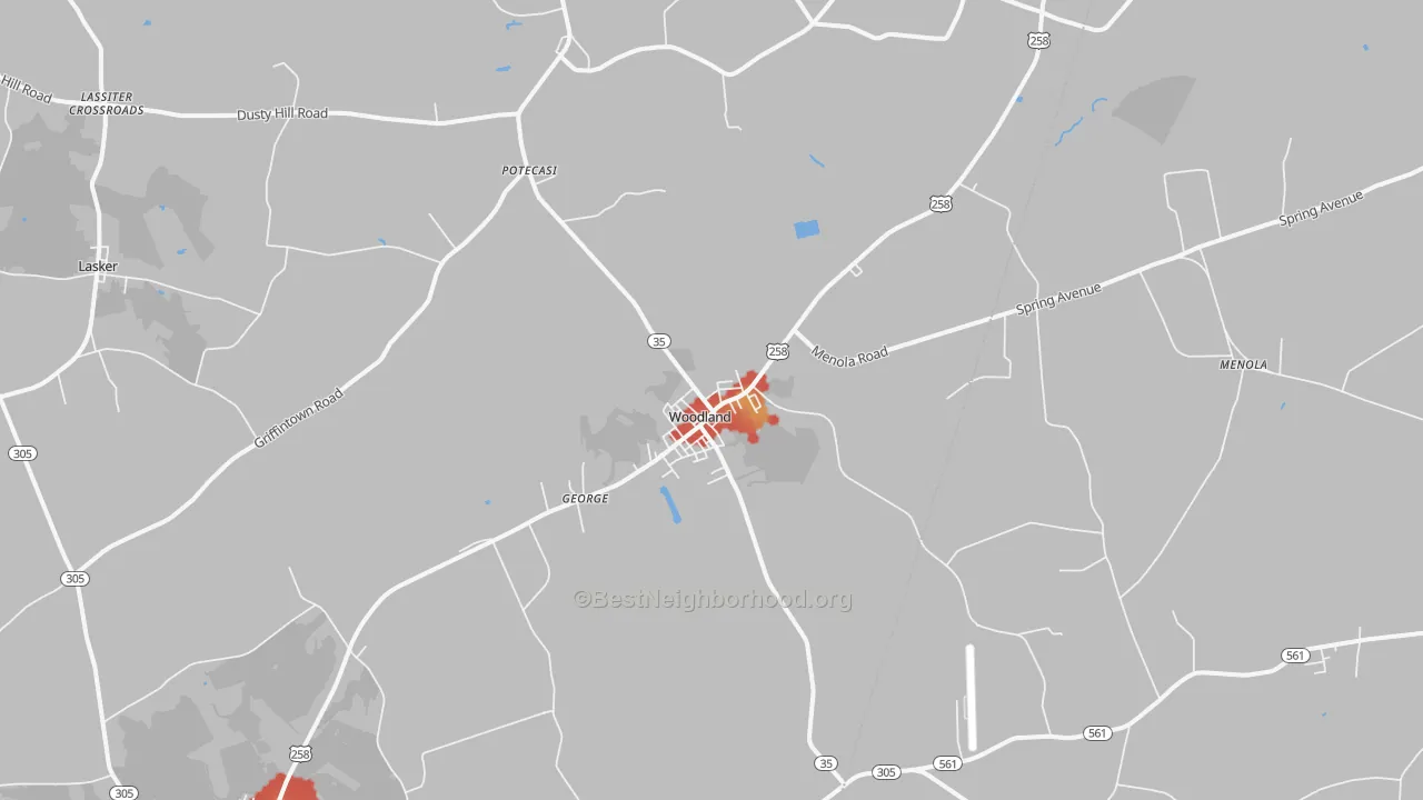 Walk Grade map of 27897, NC, walkable areas in green and car-dependent areas in red