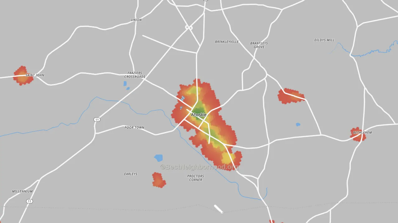 Walk Grade map of 27910, NC, walkable areas in green and car-dependent areas in red